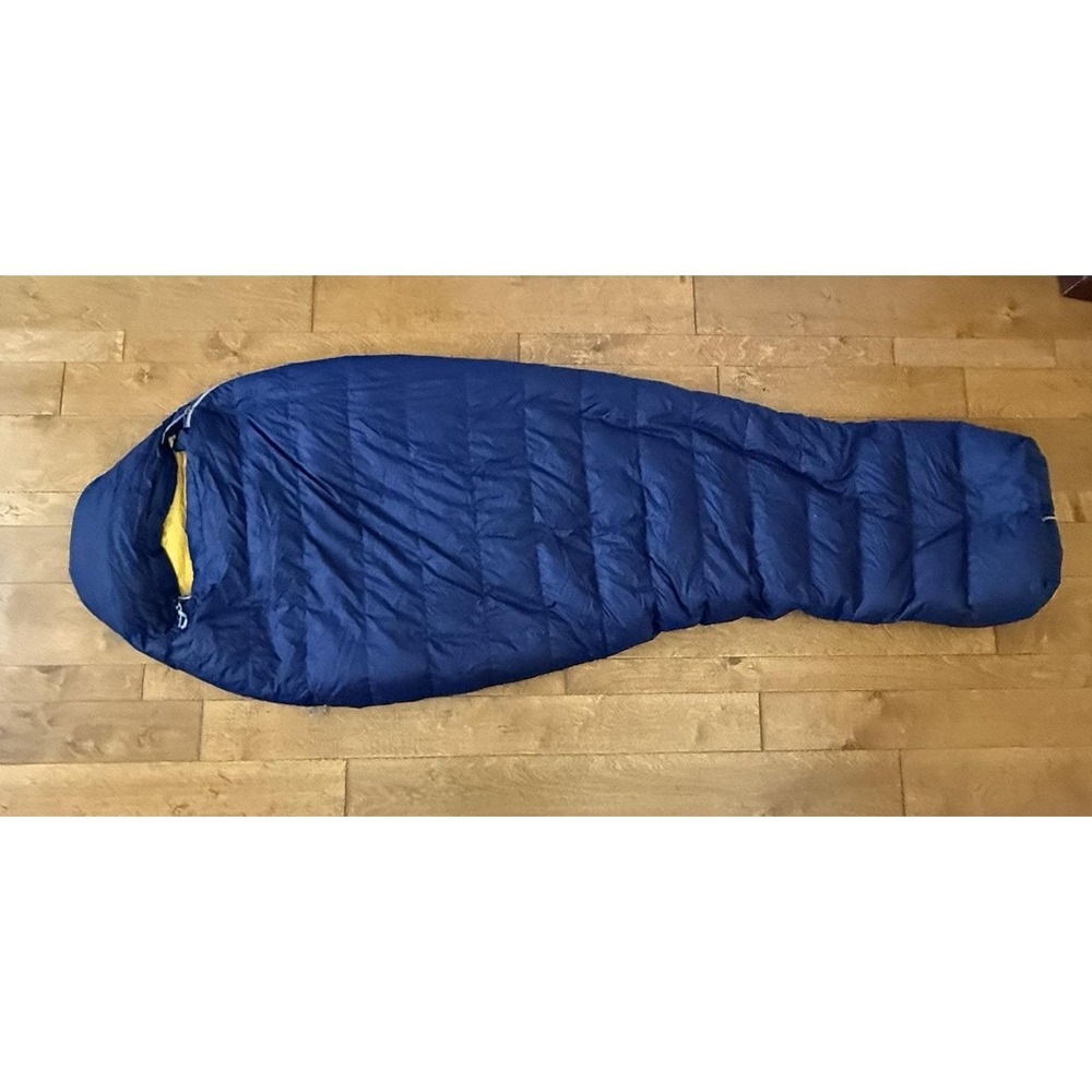 Vintage REI Down Sleeping Bag Long Mummy Navy Yellow Backpacking 80" YKK